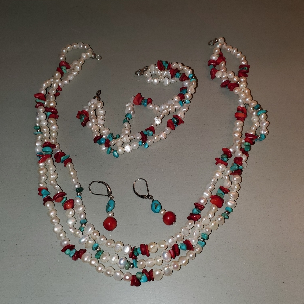 Real pearl jewelry set with jasper and malachite